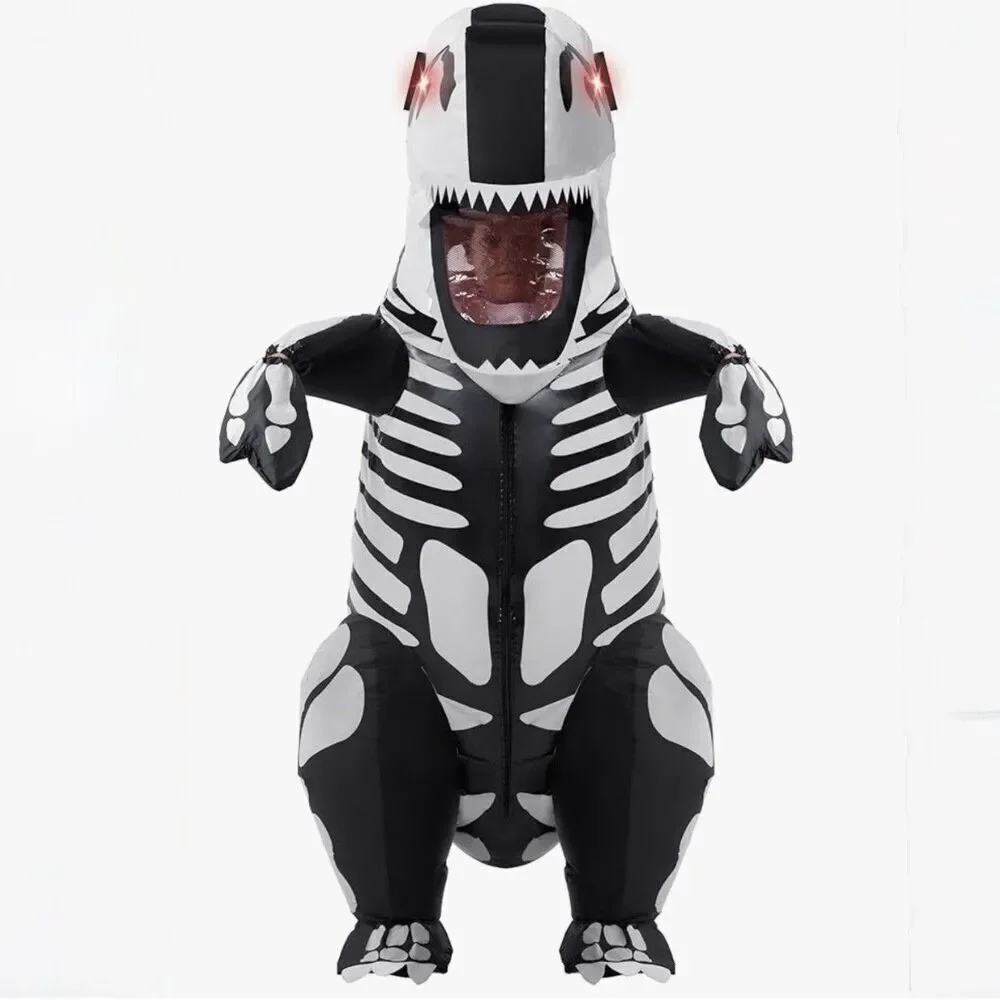 Kids Inflatable T Rex Skeleton Costume Light Up Eyes Blow Up Dinosaur Halloween